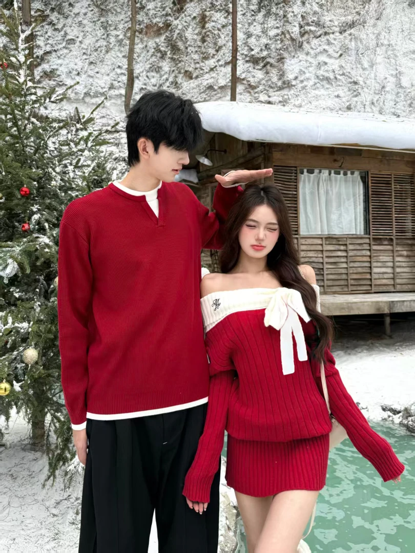 情侣装冬季网红毛针织衫蝴蝶结一字肩宽松连衣裙假两件毛衣