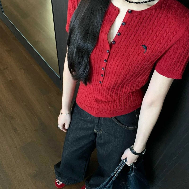 高级感红色麻花刺绣短袖t恤女夏季新款冰丝针织衫正肩修身上衣薄