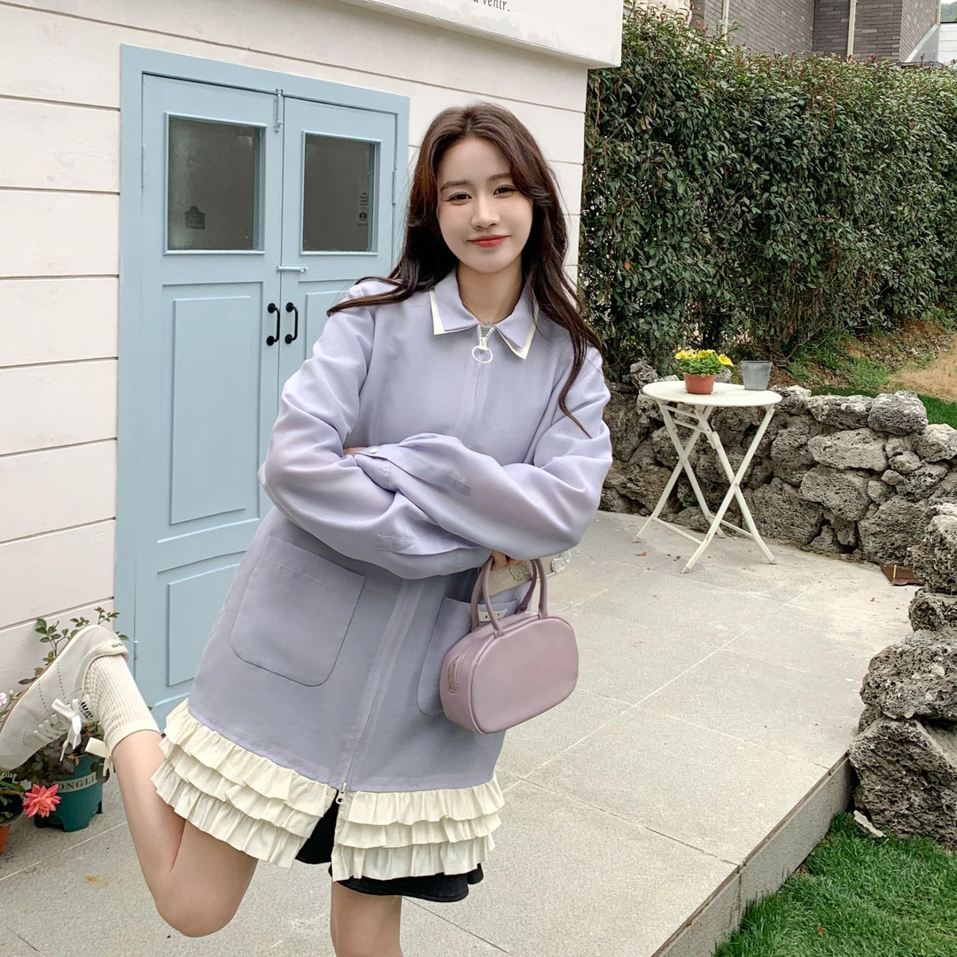 S.E.R.Y【新品】欧根纱藕紫色风衣薄外套荷叶下摆仙女风春秋洋气ins
