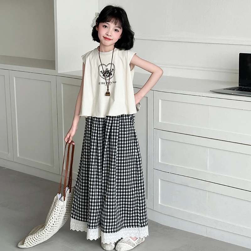 女童套装2025夏季新款洋气时髦韩系中大童无袖阔腿裤两件套