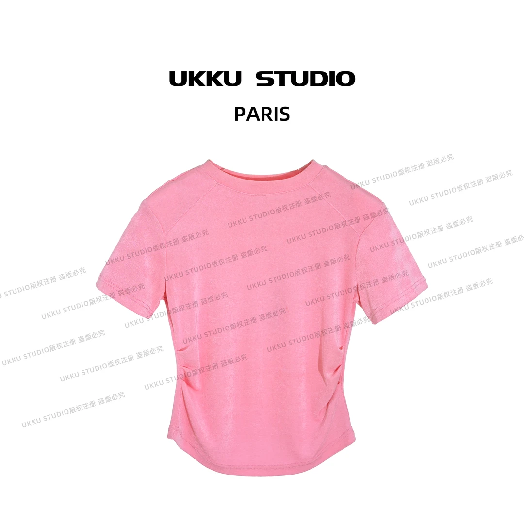【UKKU STUDIO】小众简约纯色款宽松圆领设计师短款女装T恤210843