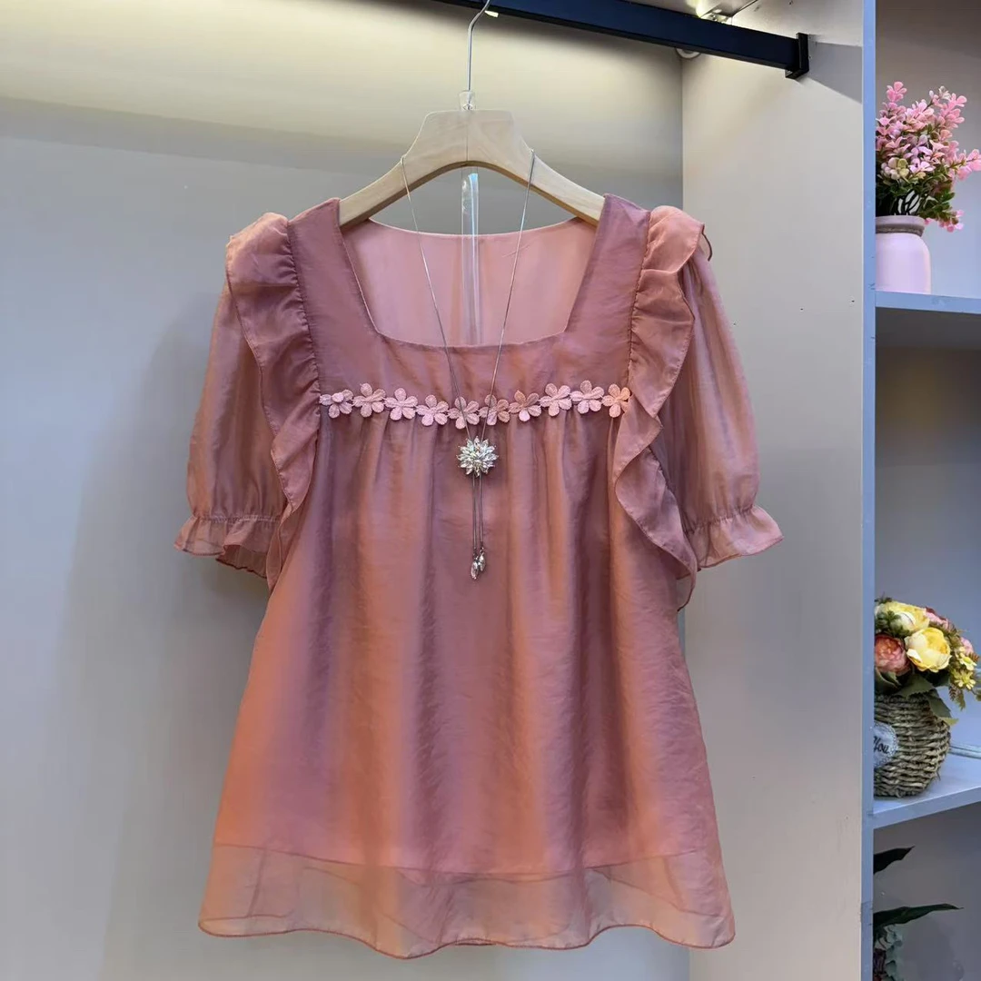 时尚大码女装夏季欧根纱方领木耳边洋气韩版女人衫