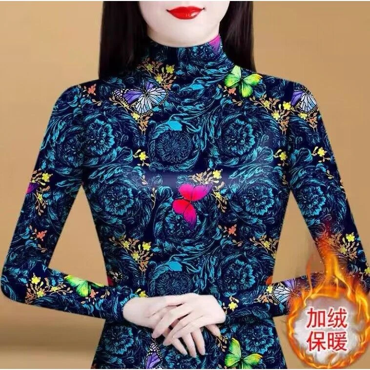 68055 半高领加绒打底衫女秋冬季新款洋气印花中老年修身内搭小衫