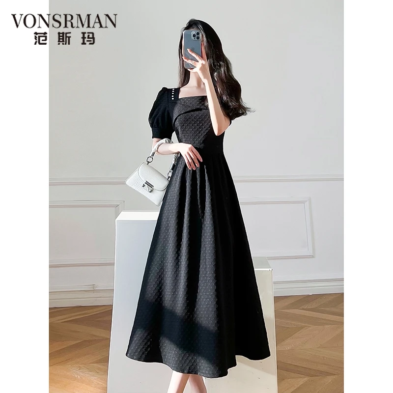 2025夏季新款法式复古赫本风气质高级感黑色方领聚会小礼服连衣裙