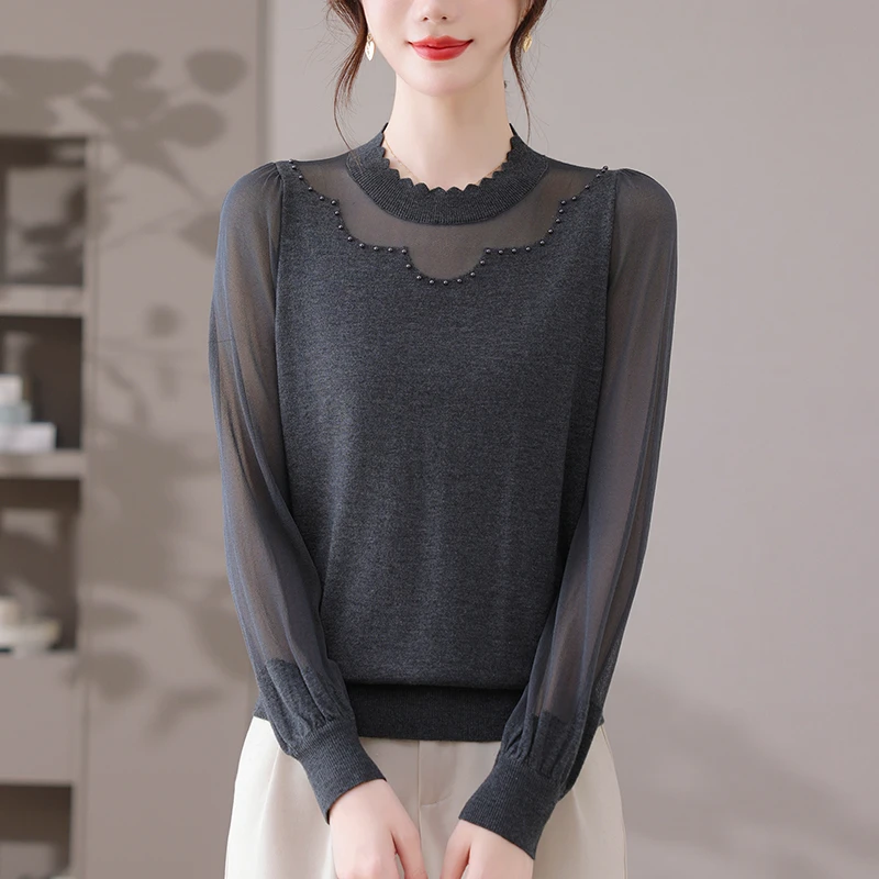 品牌大码女装宽松上衣女2025年高级感春秋新款薄款镂空长袖针织衫