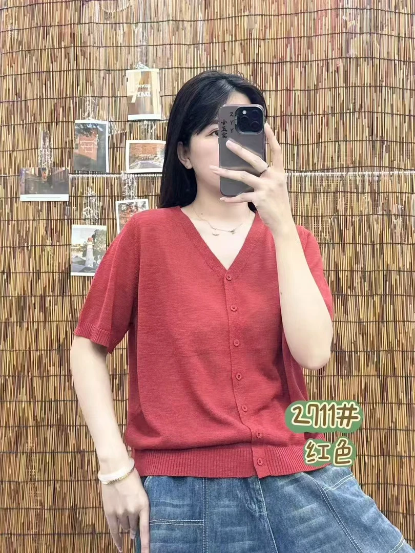 纯色常规短袖直筒型夏季毛针织衫宽松v领显瘦亚麻毛衣上衣时尚