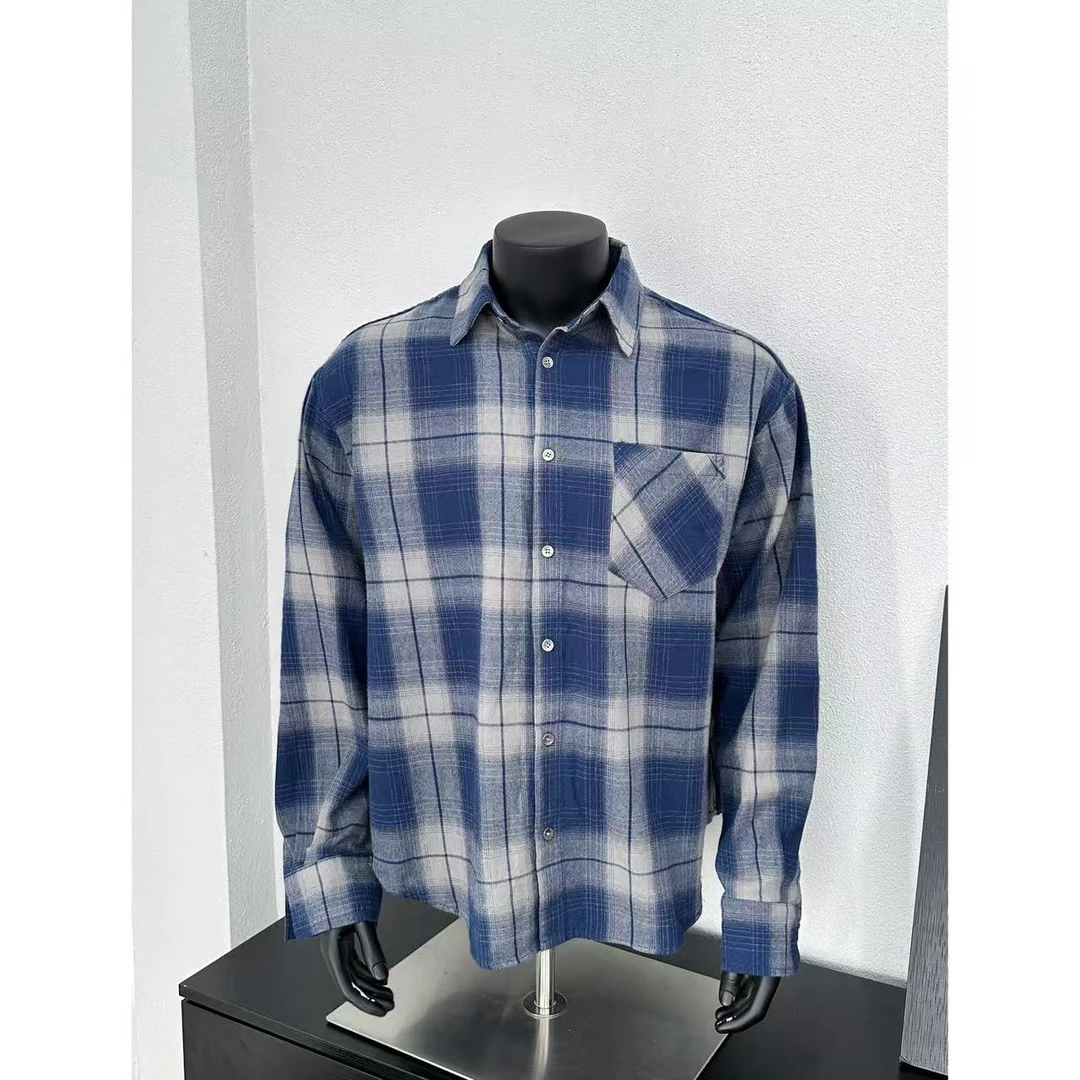 BOCAI新款美式复古做旧设计感格子衬衫衬衣男宽松百搭休闲上衣