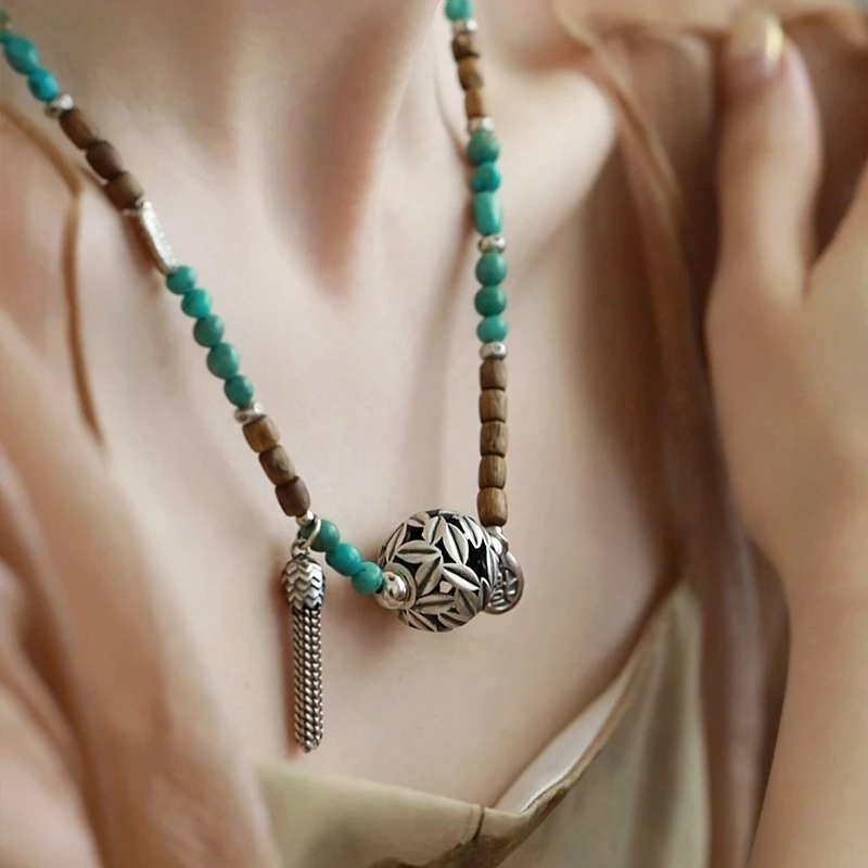 链子925银 N15445 《早》镂空竹叶大珠麦穗流苏松松香香串珠复古