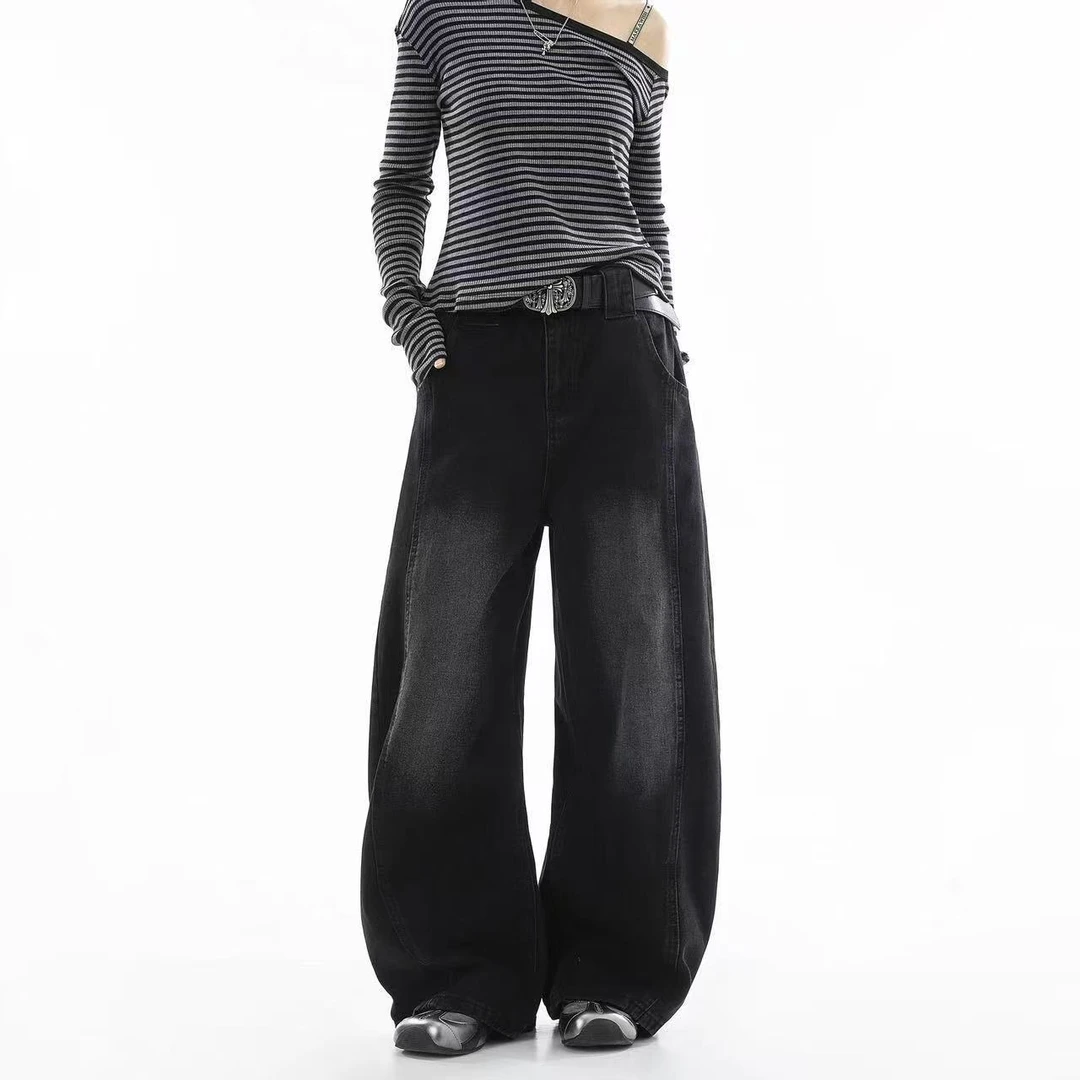 美式弯刀阔腿牛仔裤秋冬宽松直筒休闲坠感拖地裤子-5702