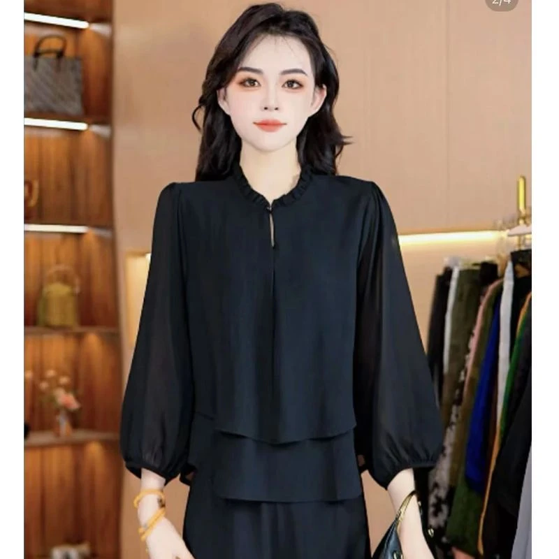 2025夏季新品气质女士上衣宽松百搭遮肉显瘦黑色系双层雪纺衫小衫