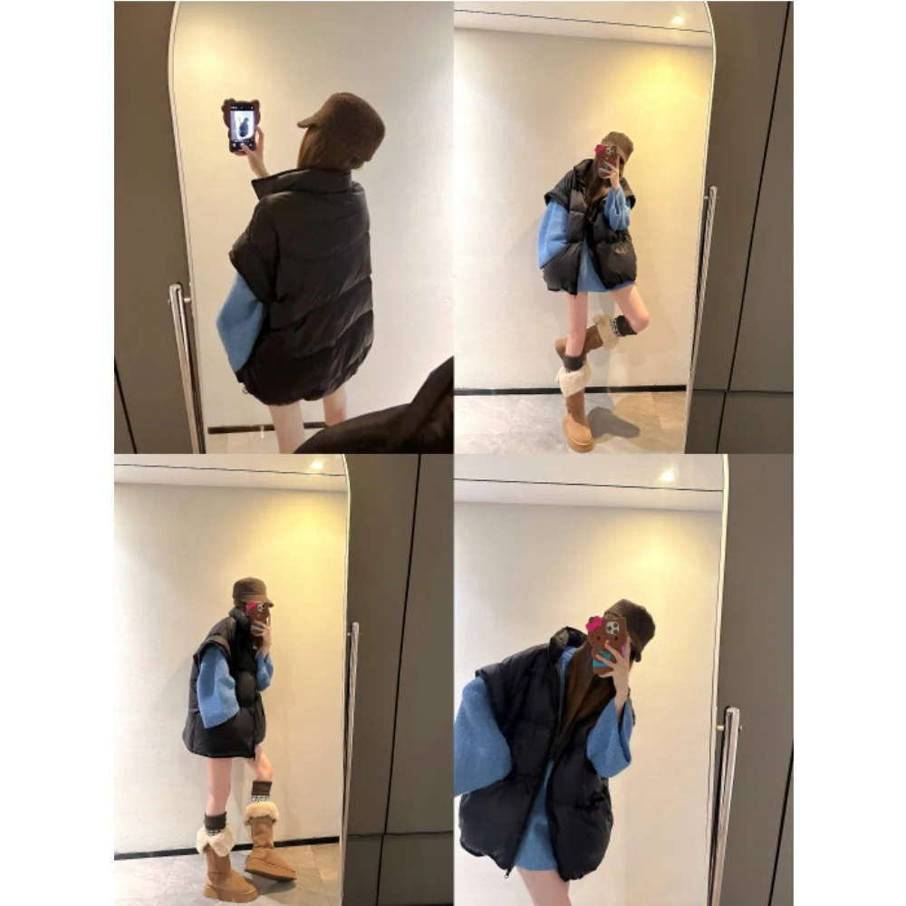 韩版百搭90白鸭绒羽绒马甲背心袖口下摆可抽绳调节