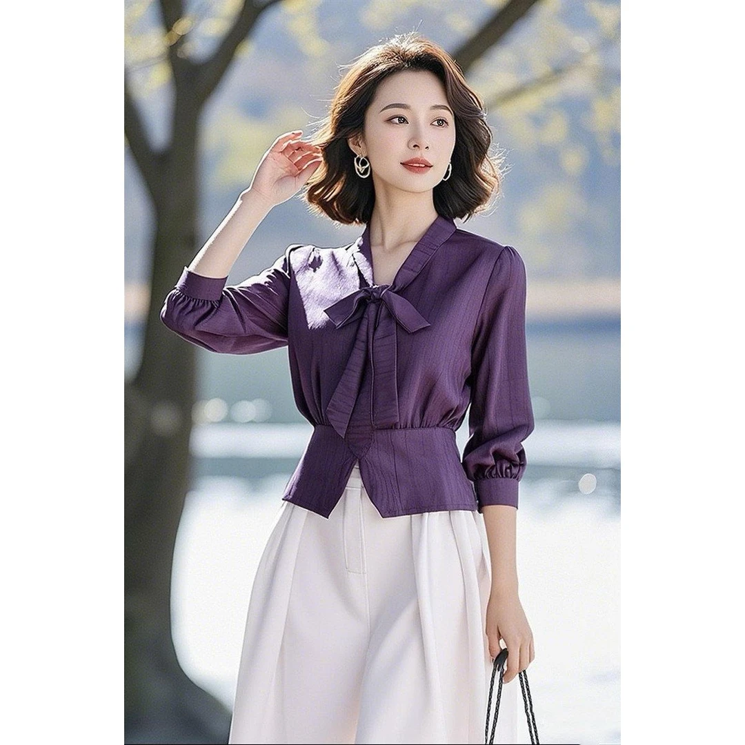 洋气法式高端条纹收腰蝴蝶结设计感衬衫衬衣2025秋季新款长袖上衣