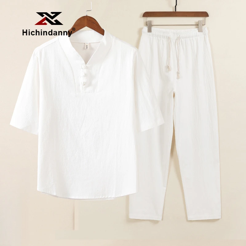 HICHIN中国风休闲运动套装男夏季薄款短袖T恤休闲裤禅茶服两件套