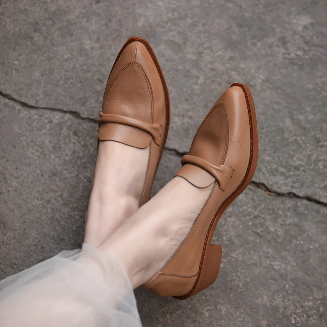 Artmu阿木粗跟高跟鞋中跟皮鞋女尖头单鞋一脚蹬黑色通勤女鞋038-6