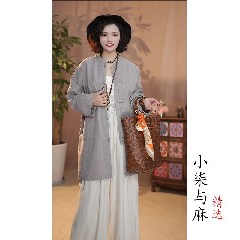 【小柒与麻】（衣长76胸围131）雨露麻盘扣上衣外披灰色