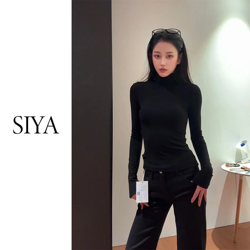 【SIYA】气质长袖女黑色高领打底显瘦百搭T恤秋季女长袖上衣女