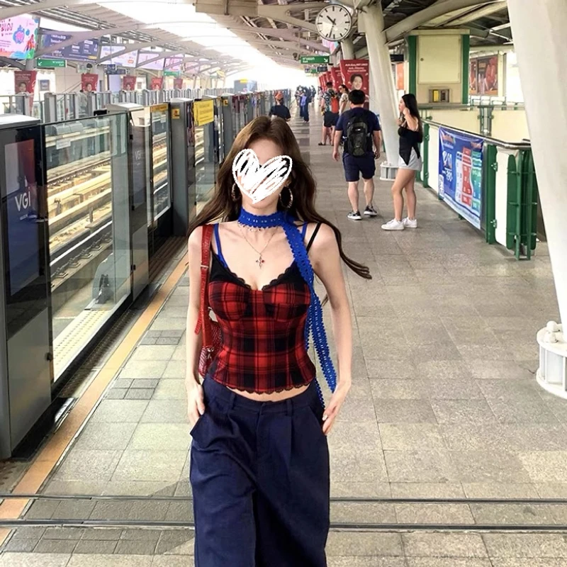 辣妹假两件格子小背心女秋季修身显瘦吊带上衣