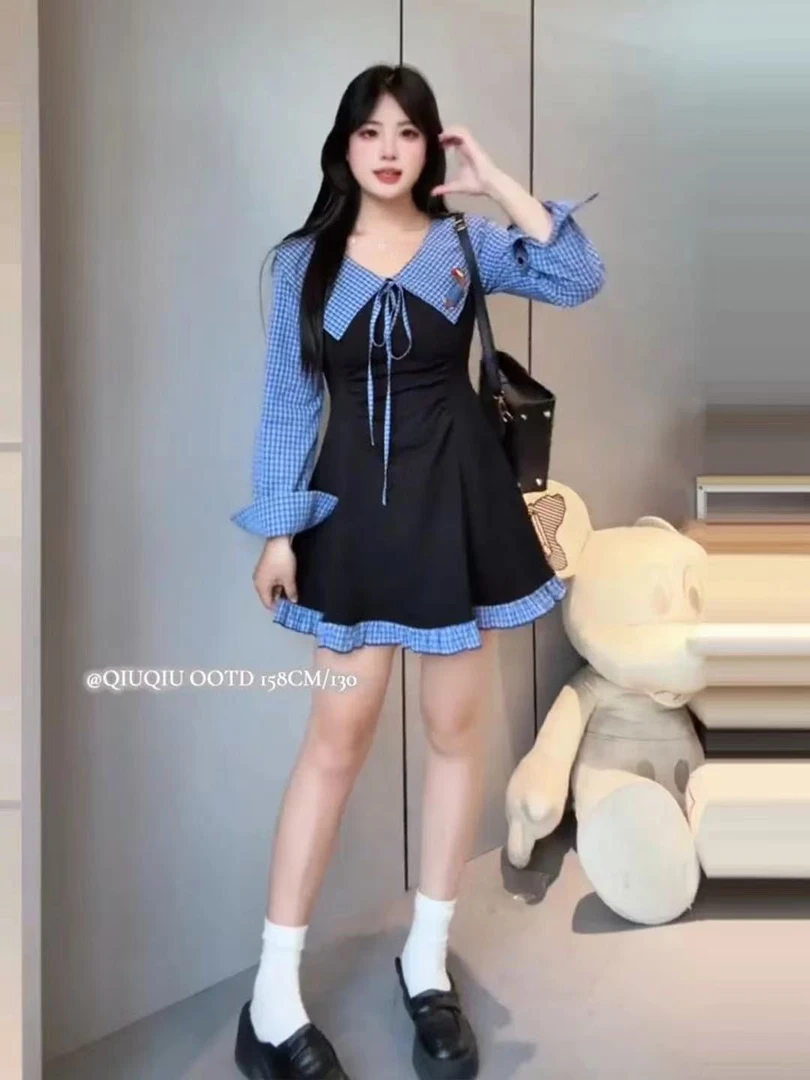 大码复古学院风娃娃领连衣裙女秋季纯欲风格纹拼接短裙2123/2122