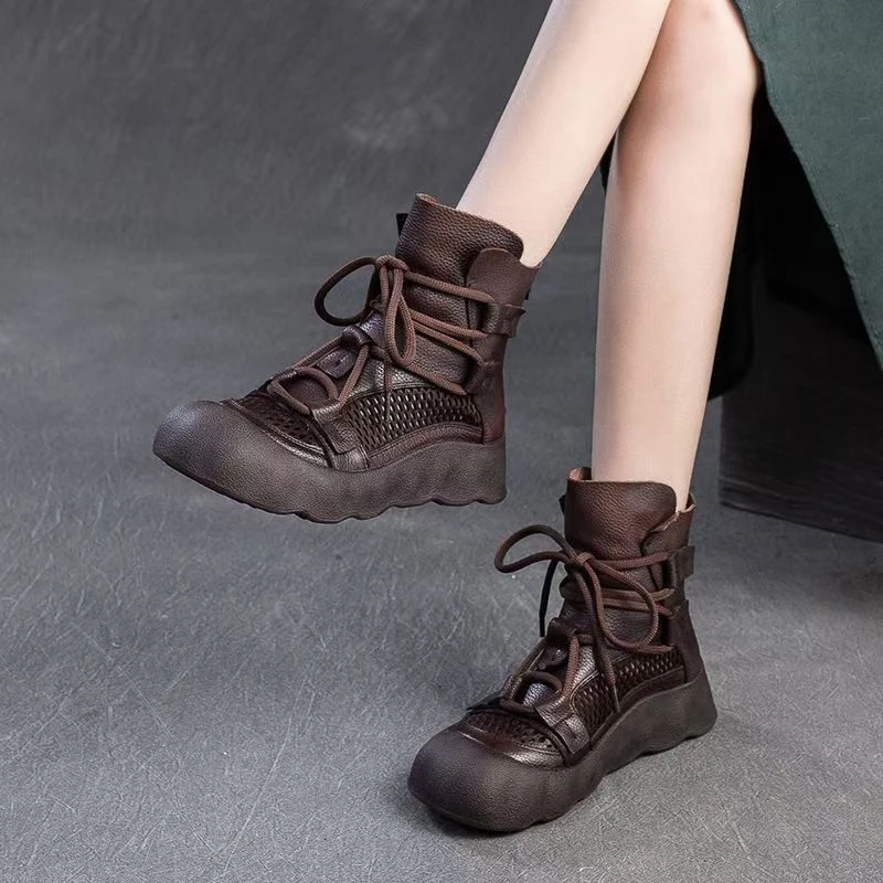 2025春夏新款牛皮镂空透气复古凉靴罗马风高帮马丁靴透气中年女鞋