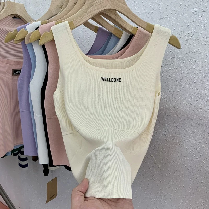 2025夏装字母冰丝紧身小背心吊带女外穿无袖短款上衣