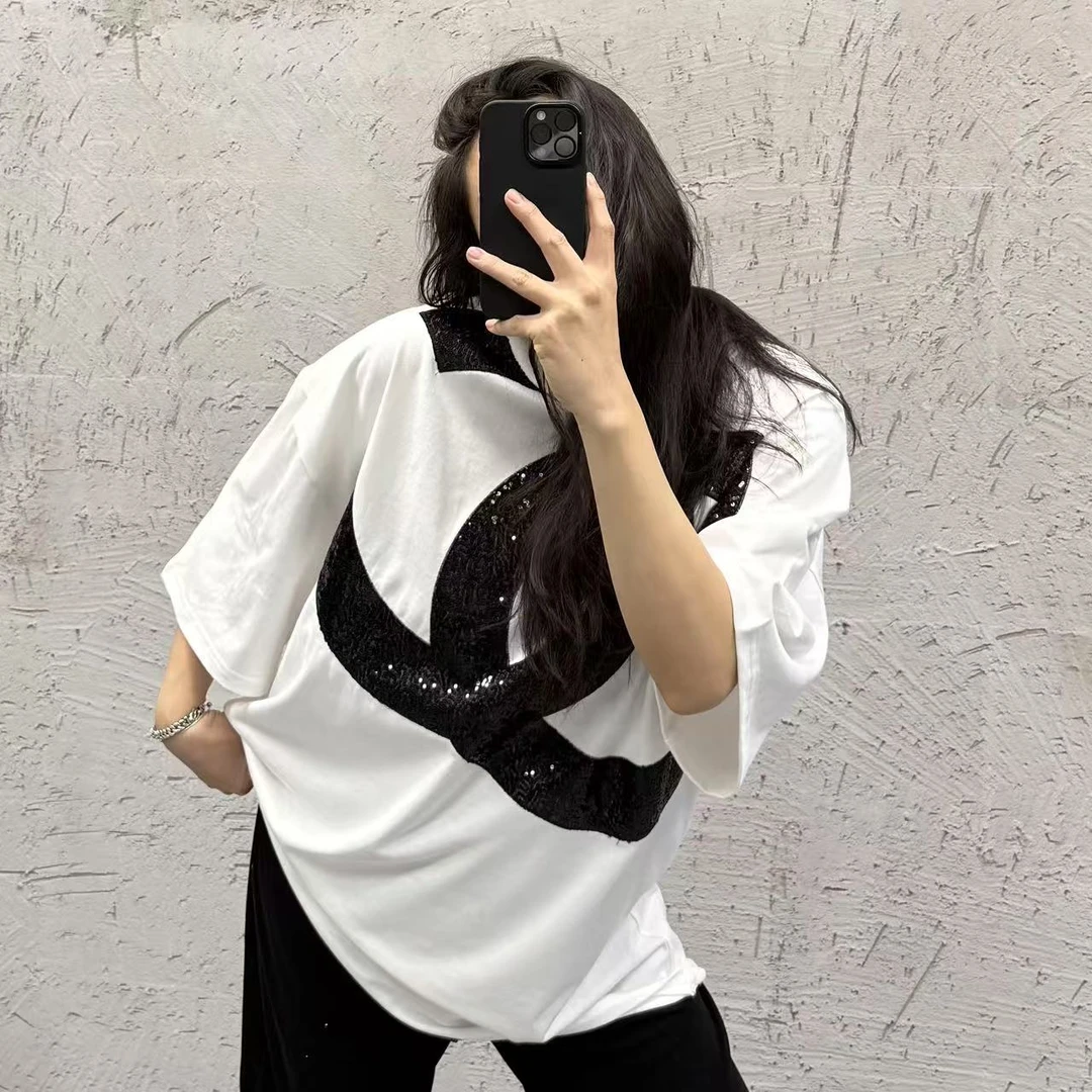 《大韩韩推荐》C字亮片大版短袖大码女装显瘦百搭宽松舒适撞色长款T