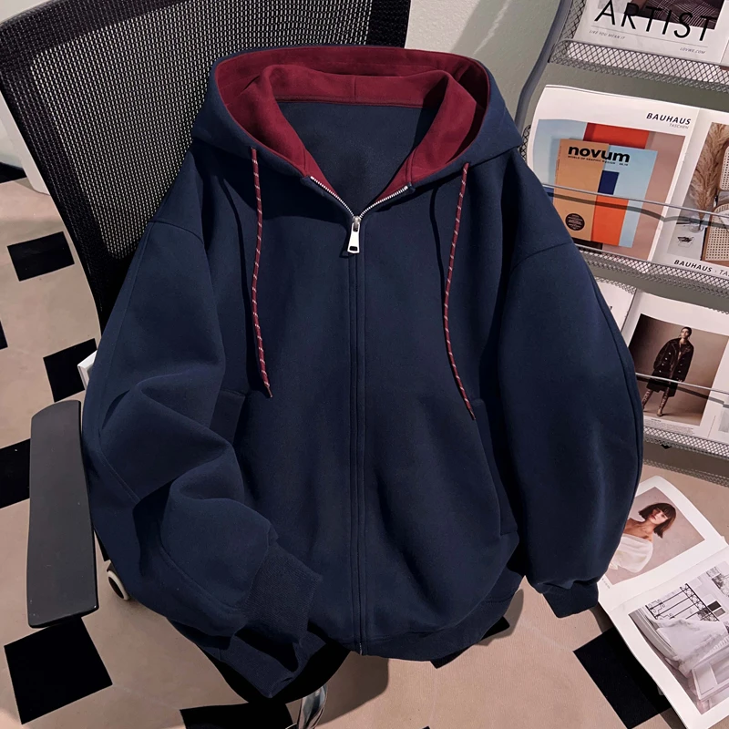 Dekkry冬季加绒连帽开衫加厚卫衣情侣保暖男女高级感纯色拉链外套