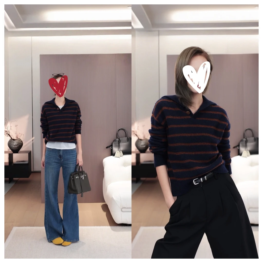 洋气短款针织毛套头款简约休闲百搭时尚冬季条纹长袖针织衫C6546