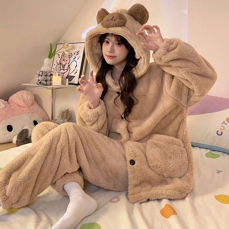 睡衣女秋冬款珊瑚绒加厚加绒毛绒冬季法兰绒家居服套装可外穿