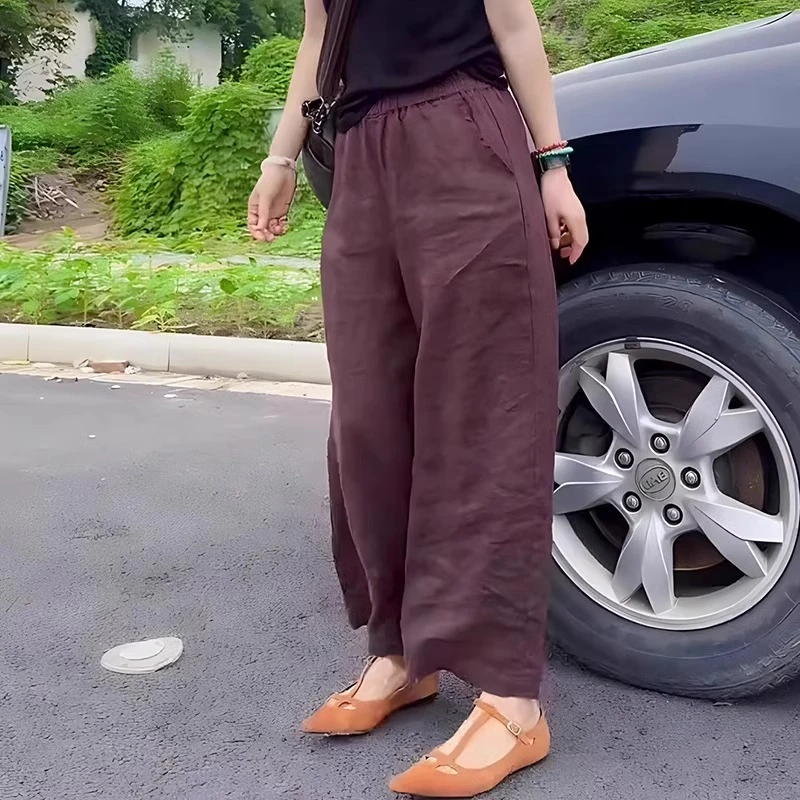 复古纯色亚麻长裤女春季新款直筒时尚透气百搭棉麻大码宽松阔腿裤