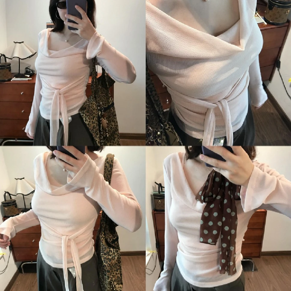 Okayha纯欲风性感荡领长袖t恤女秋季新款设计感小众修身显瘦