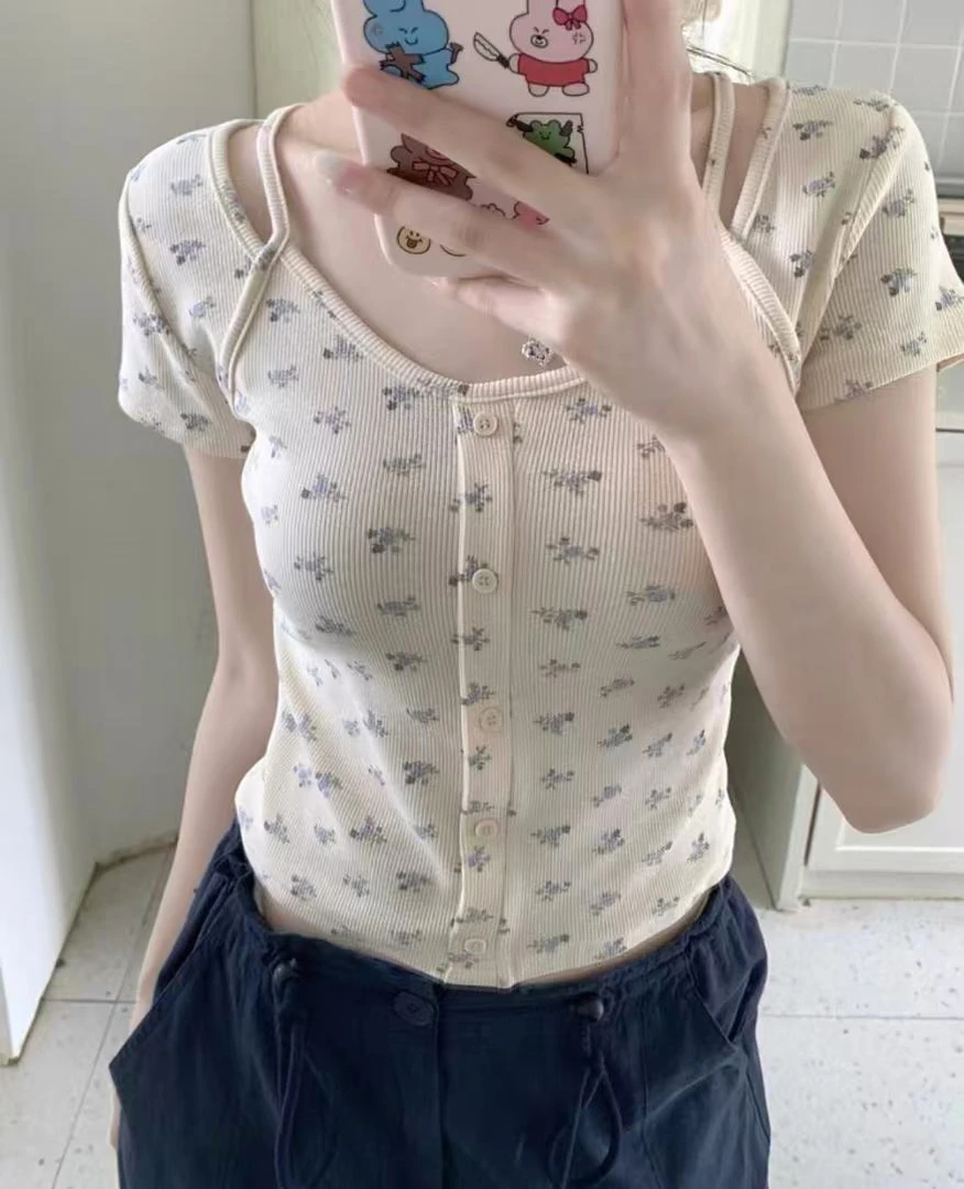 3348夏季新款韩系简约纯欲甜美设计感假两件短袖吊带T恤上衣女