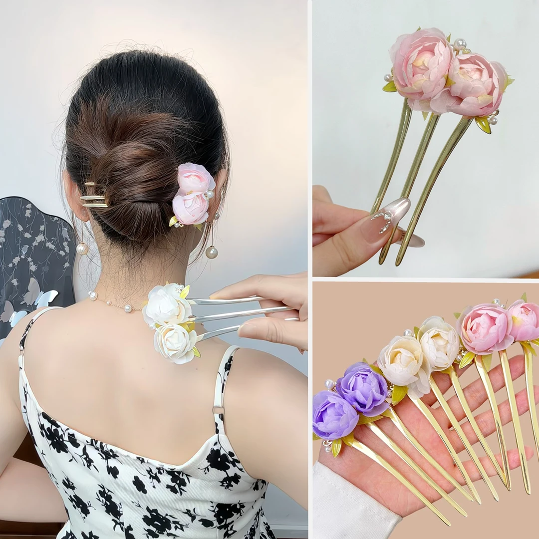 新中式三齿玫瑰花插梳发簪女气质花朵古风汉服发夹女后脑勺头饰