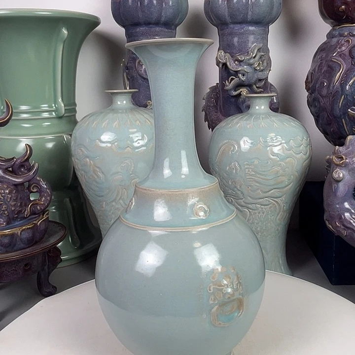 小***愚陶摆件汝瓷天青釉长颈瓶！