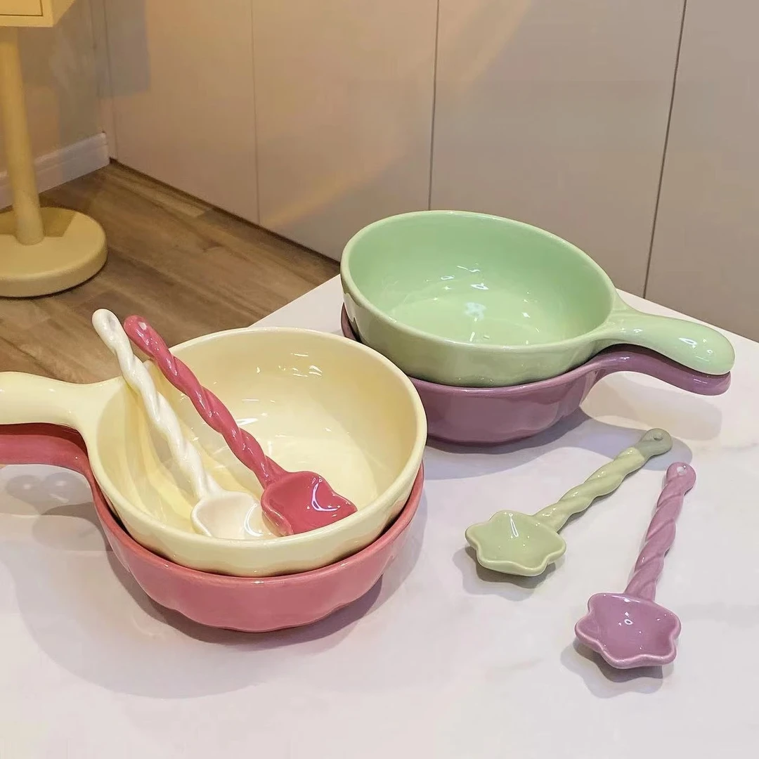 ins风奶油色陶瓷烤碗手柄碗螺蛳粉泡面碗汤碗家用沙拉焗饭碗餐具