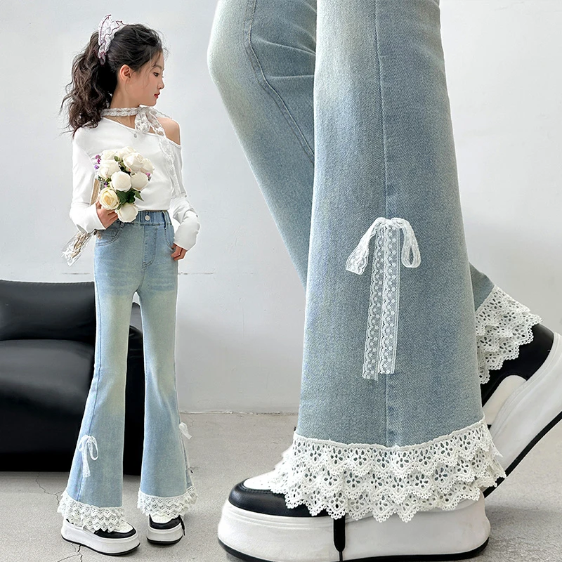 女童牛仔喇叭裤春秋2025新款儿童蕾丝花边微喇裤女孩大童显瘦裤子