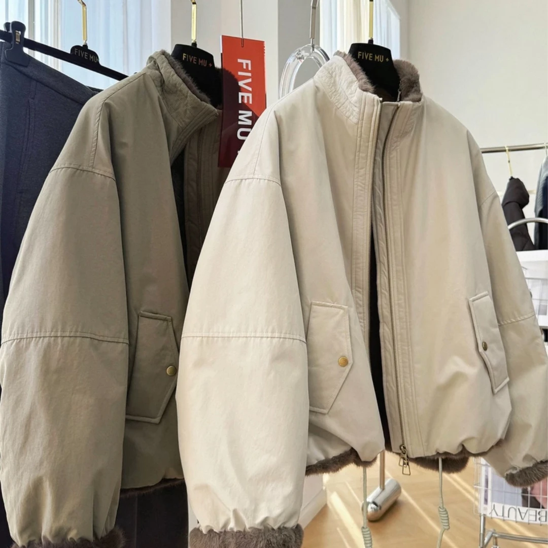 新款高级感立领短款工装外套女冬季毛毛内胆仿皮草派克服夹克