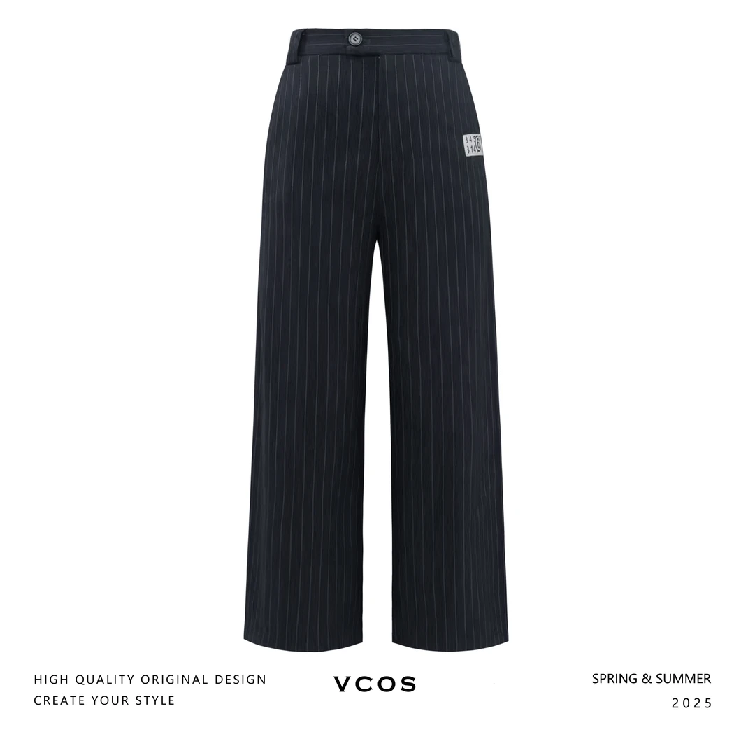 羊毛色织条纹高腰小直筒长裤