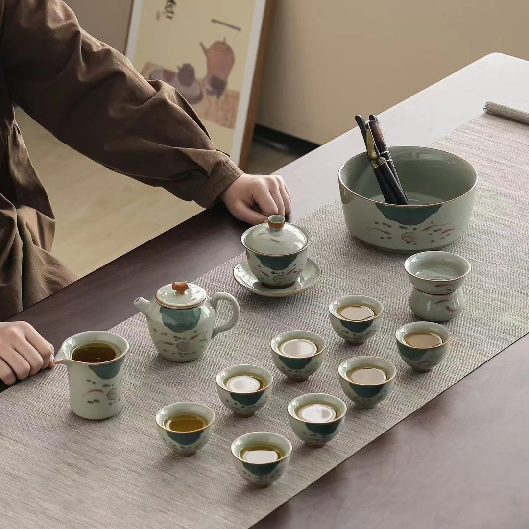 手绘哥窑茶具套装泡茶专用功夫茶壶盖精品茶杯茶道轻奢高档礼盒装