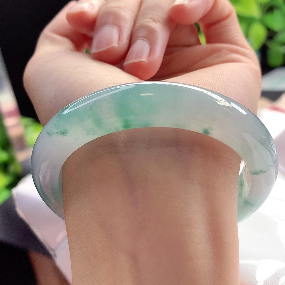 未镶嵌手镯翡翠56-57圈口冰透飘花水中花光胶十足4号