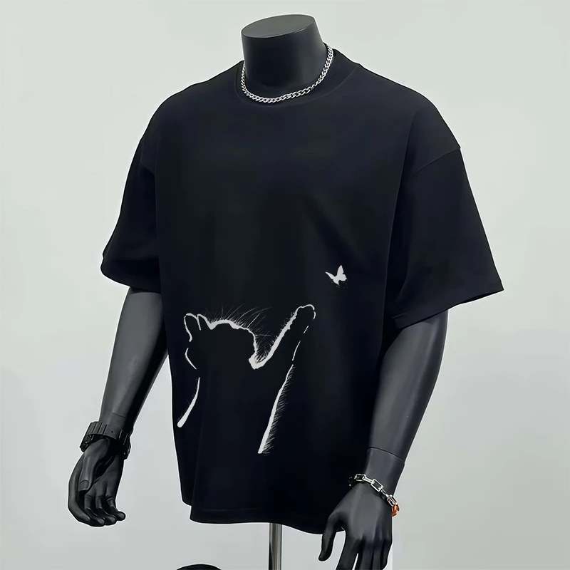 【重磅纯棉】男款重磅短袖t恤男美式夏季潮牌猫咪宽松圆领休闲韩版