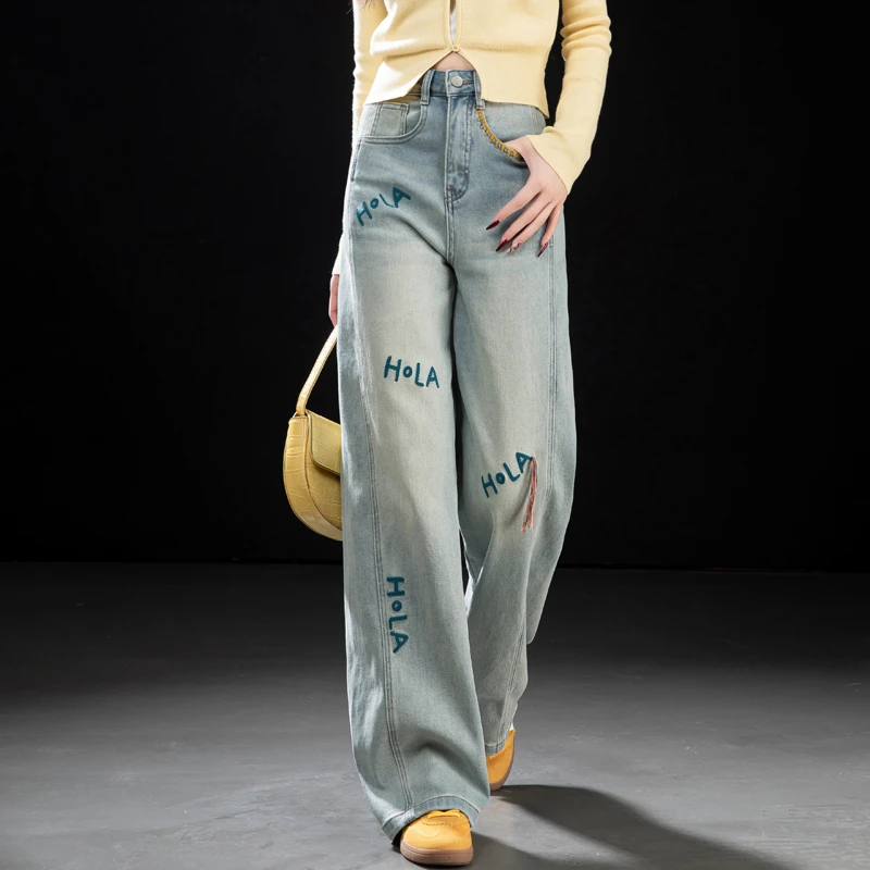 复古刺绣直筒牛仔裤女款爆款2025新款窄版阔腿裤女宽松显瘦拖地裤