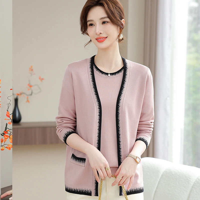 妈妈春装新款针织开衫外套40岁50岁中老年女装真两件套长袖上衣服