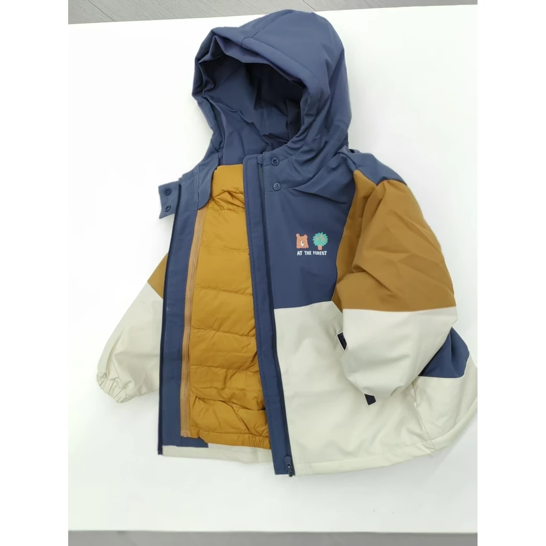 新款印花小熊拼色二合一儿童羽绒外套25307