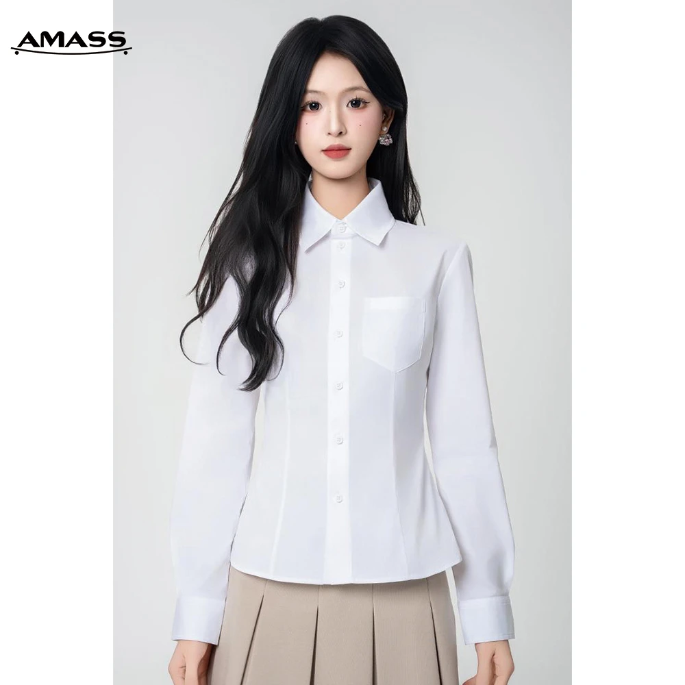 AMASS/阿玛施新款老钱风高档轻职收腰显瘦棉质长袖白衬衫女530022