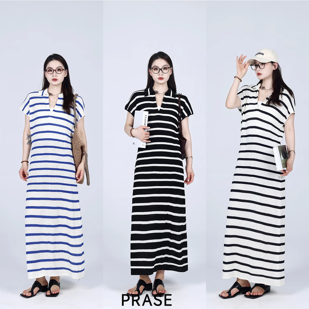 PRASE·噜【条纹曲调】微胖轻奢设计款夏天丝麻连肩袖连衣裙PR505S10