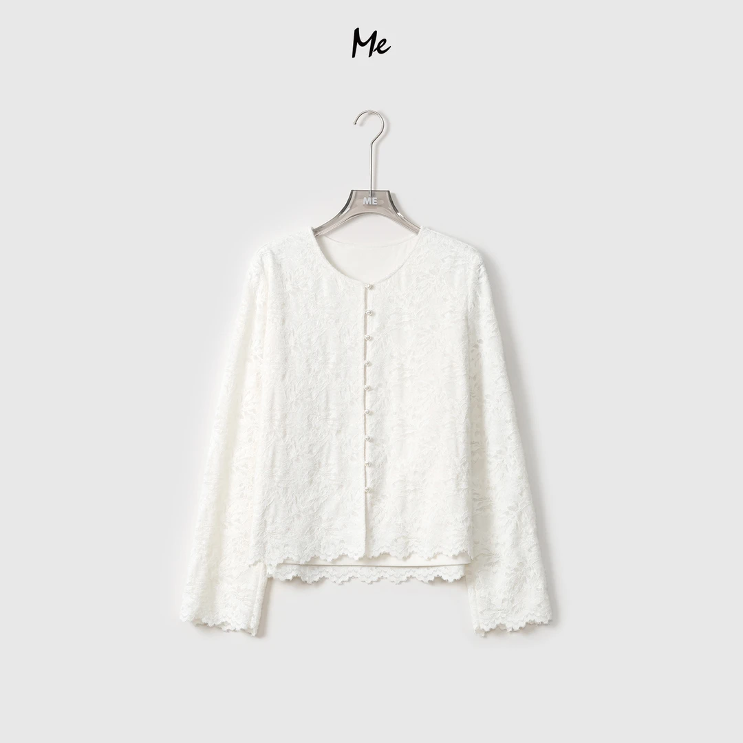 ME【拉绒蕾丝】抓毛蕾丝定位花边下摆百搭圆领长袖上衣MEQA3977