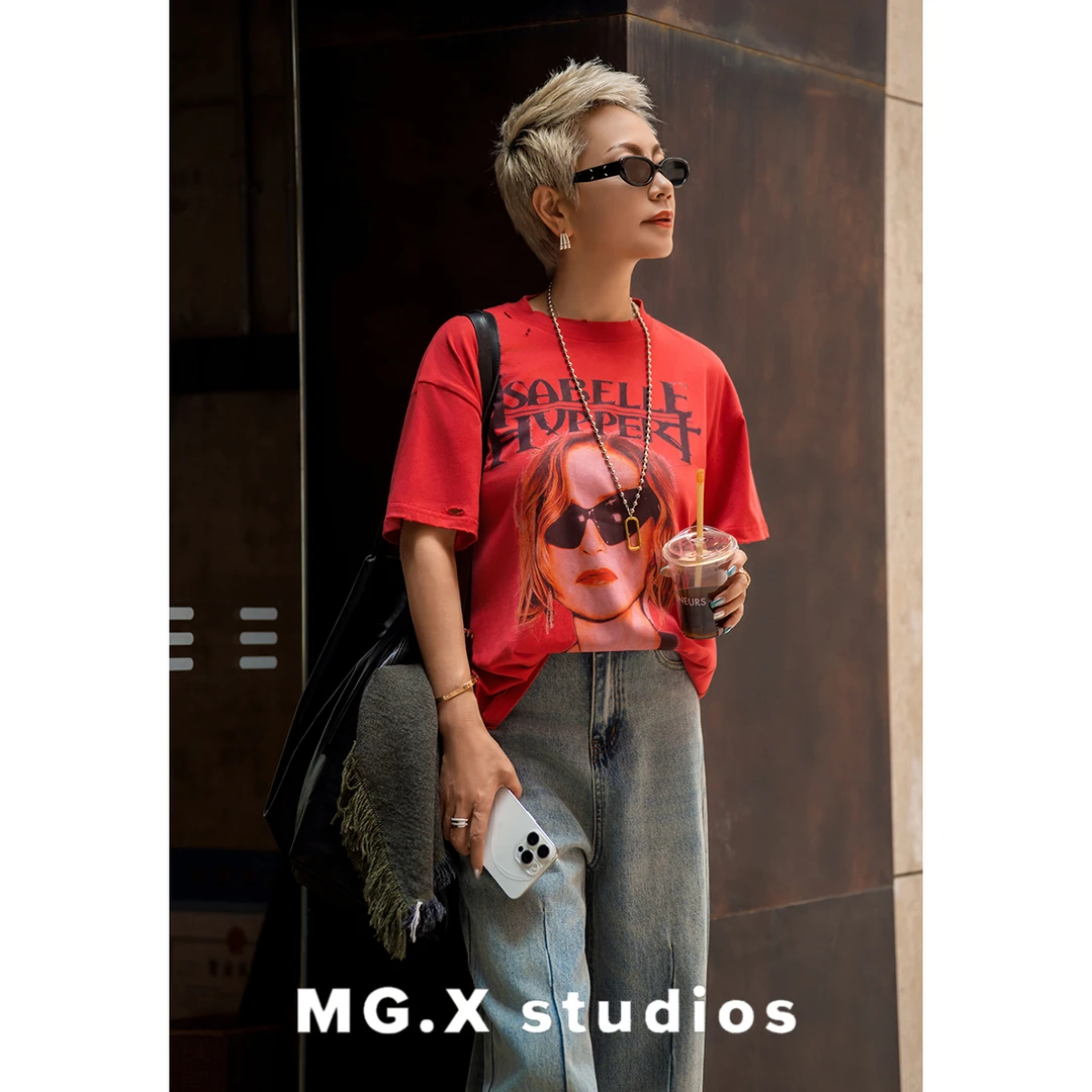 【街边旅人】MGX破洞T恤做旧人像印花宽松圆领复古短袖DPMO5F527