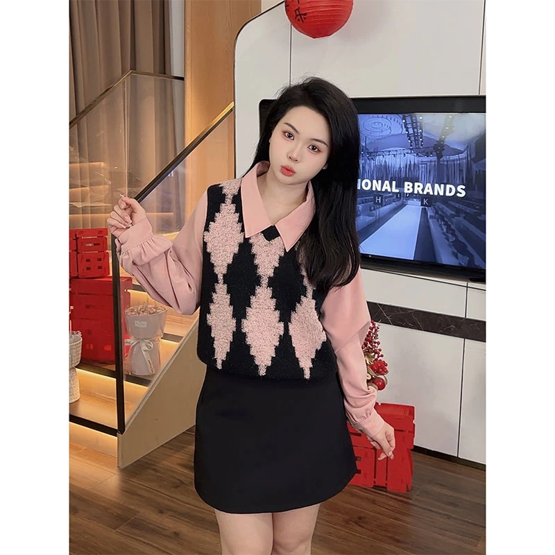 大梦微胖定制【JMQ310】单拍 洋气学院风粉色时尚温柔风上衣+半裙