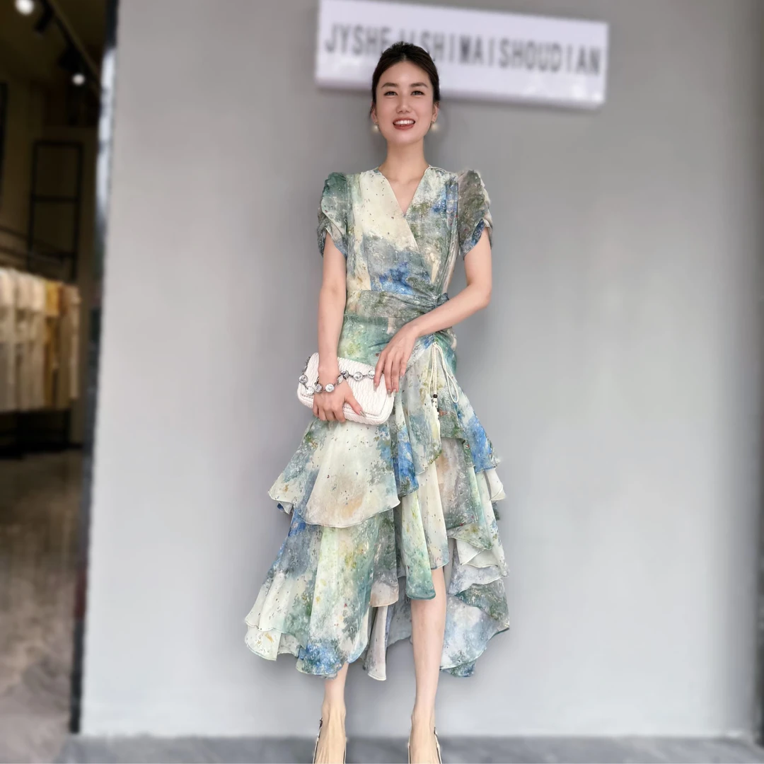 【JY】2025夏季新款时尚气质名媛修身显瘦印花连衣裙女中长款裙子