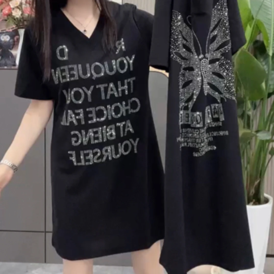 夏季新款双面穿V领洋气烫钻中长款短袖连衣裙